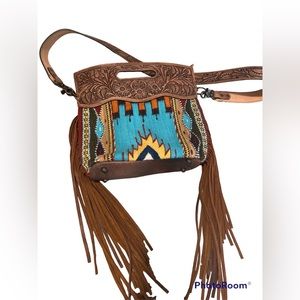 American Darling Saddle Blanket Crossbody Purse with Tooled Details & Fringe